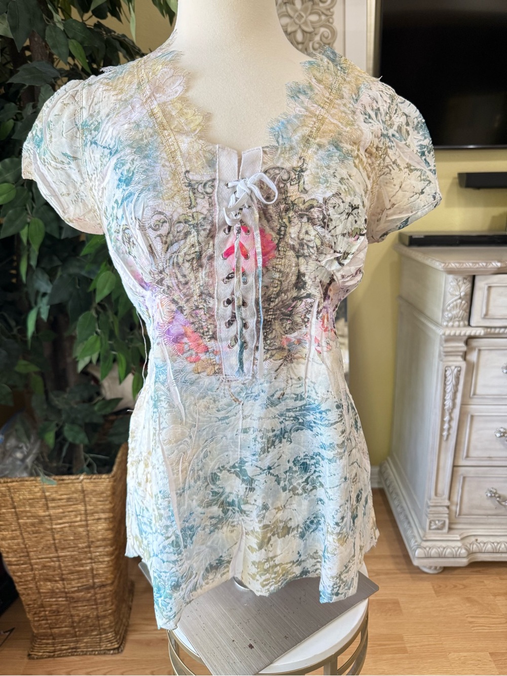 Boston Proper XL Y2K Floral Lace Up Corset Boho Fairycore Tunic Top